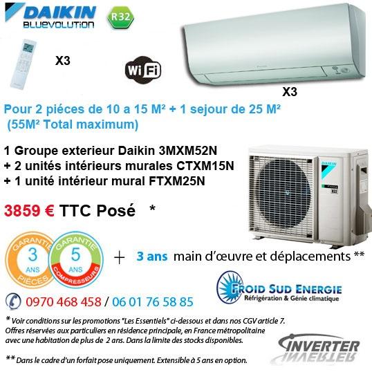 Climatiseur reversible trisplit Daikin 3MXMX52N 